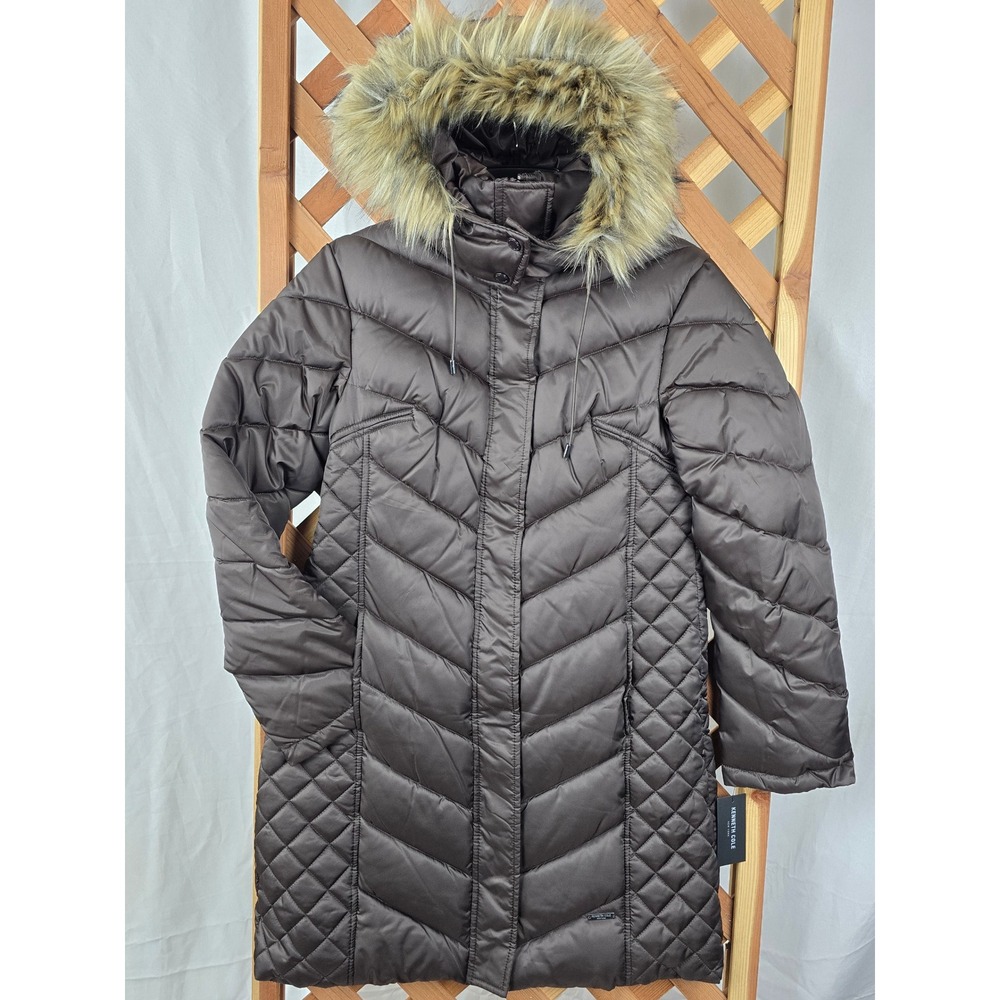 Kenneth Cole New York Puffer Parka Women S Dark Roast Faux Fur Hood - NEW